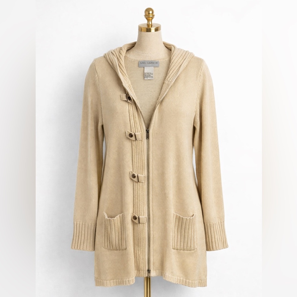 Sag Harbor Hooded Cardigan Sweater Size M Cream Toggle Zip Front